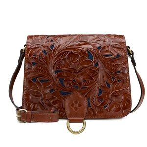 Patricia Nash ILINA Cut Out Tooled Leather Flap Crossbody HandBag Whiskey Brown